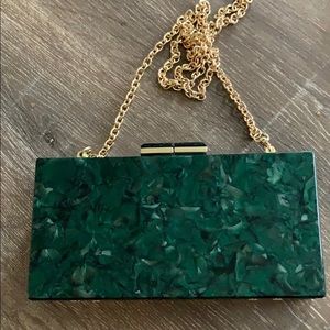 Green, marbled acrylic clutch with gold chain